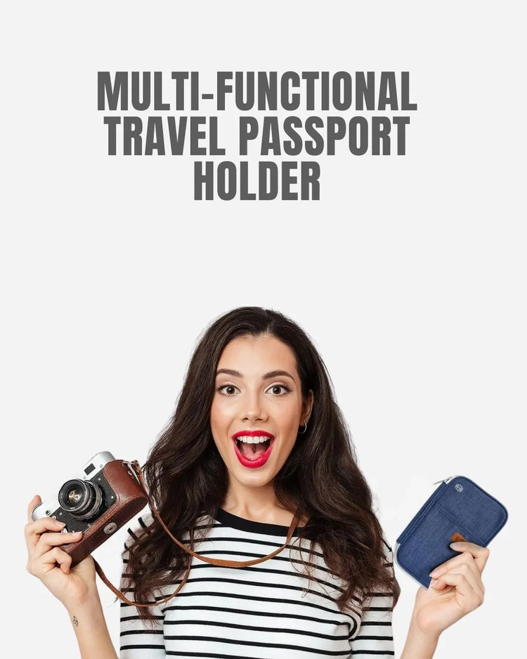 Woman displaying her RFID blocking passport holder with a camera
