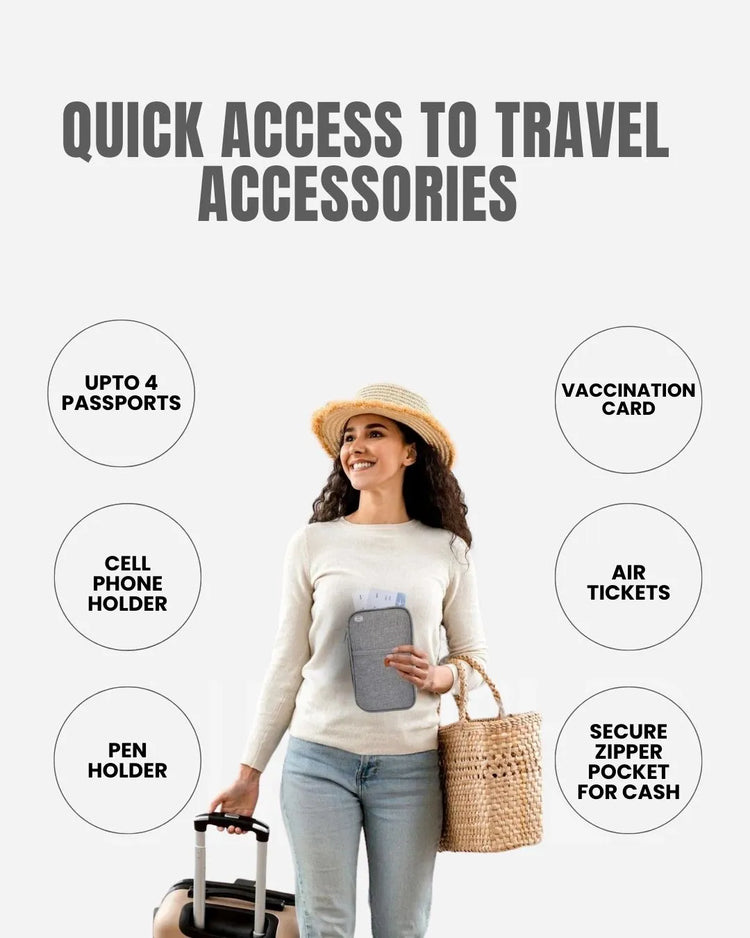 Woman with luggage and a sign indicating easy access to RFID blocking travel accessories