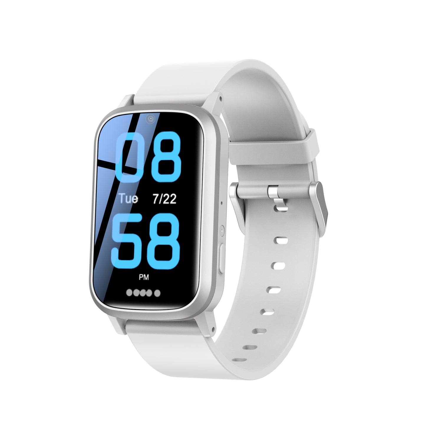 GPS tracker watch with white band and blue digital display