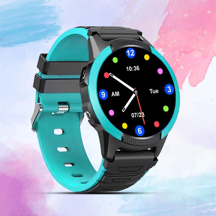 Kids Smart Watch GPS Tracker displayed against a vibrant watercolor backdrop