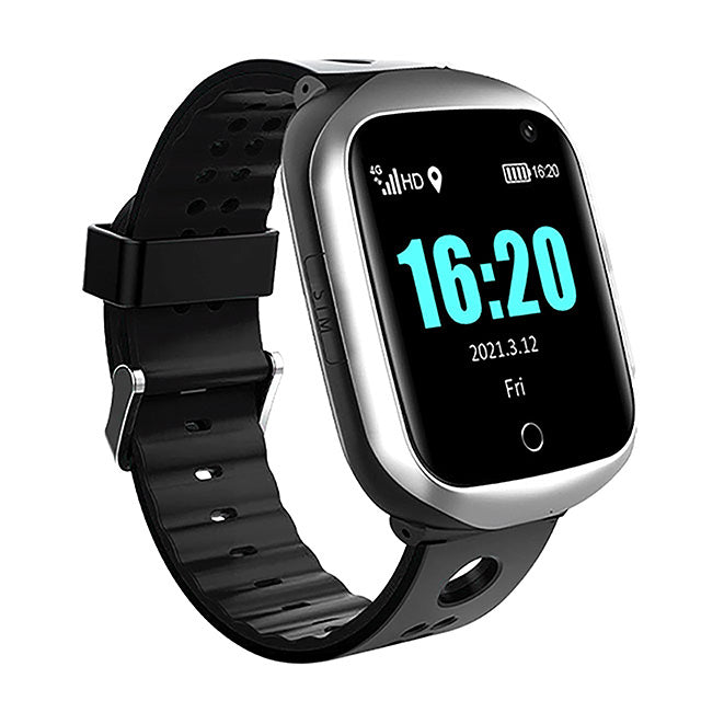 GPS smart watch with a black strap and digital blue display