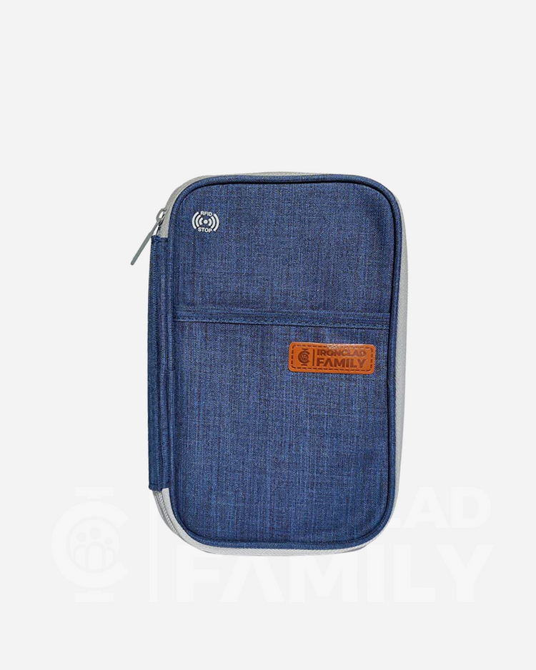 Blue RFID blocking wallet with zipper pocket