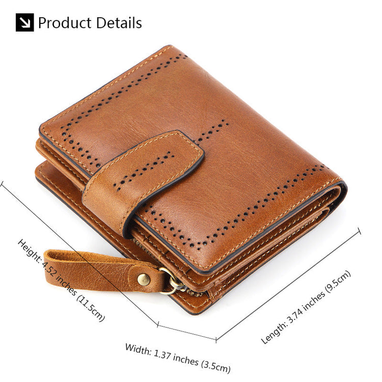 Brown RFID blocking leather wallet with visible dimensions