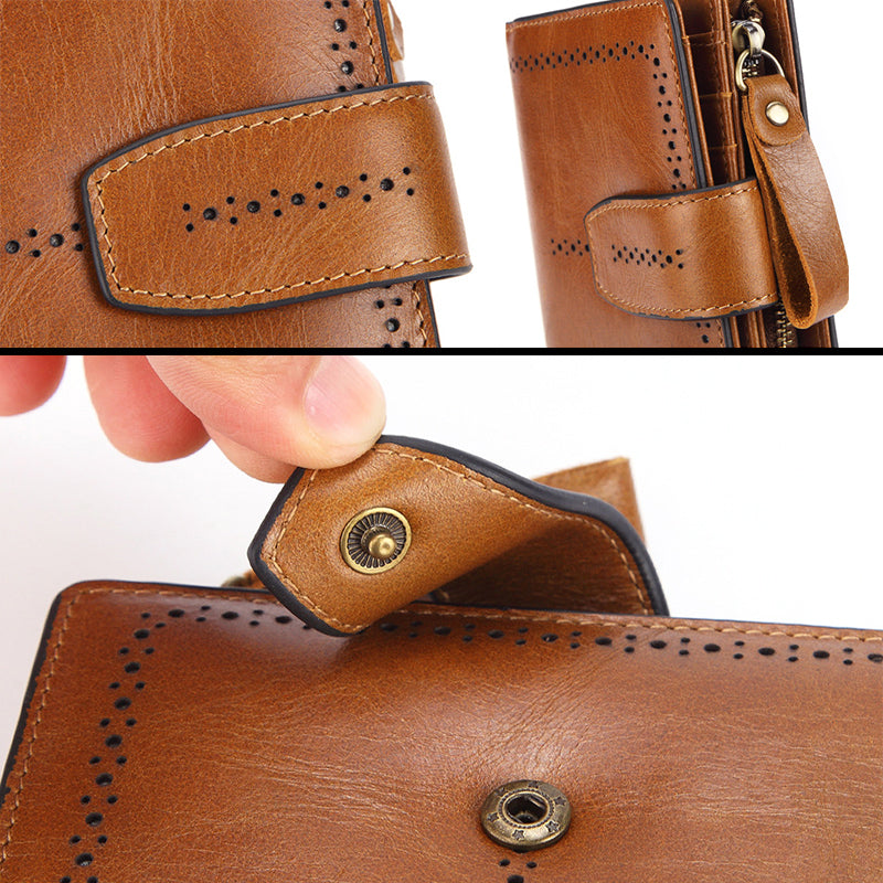 Brown RFID blocking leather wallet with both zipper and button features