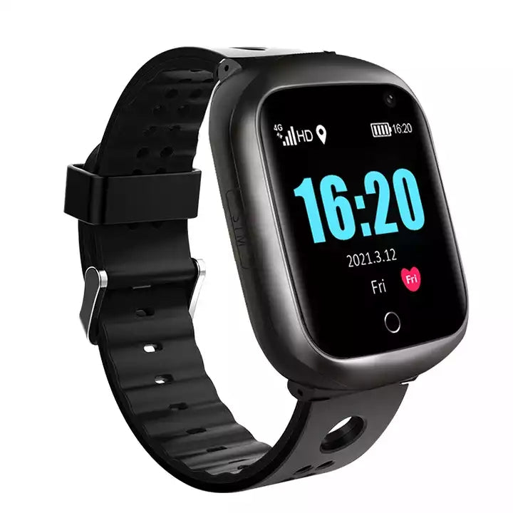 GPS tracker watch for seniors with a black strap