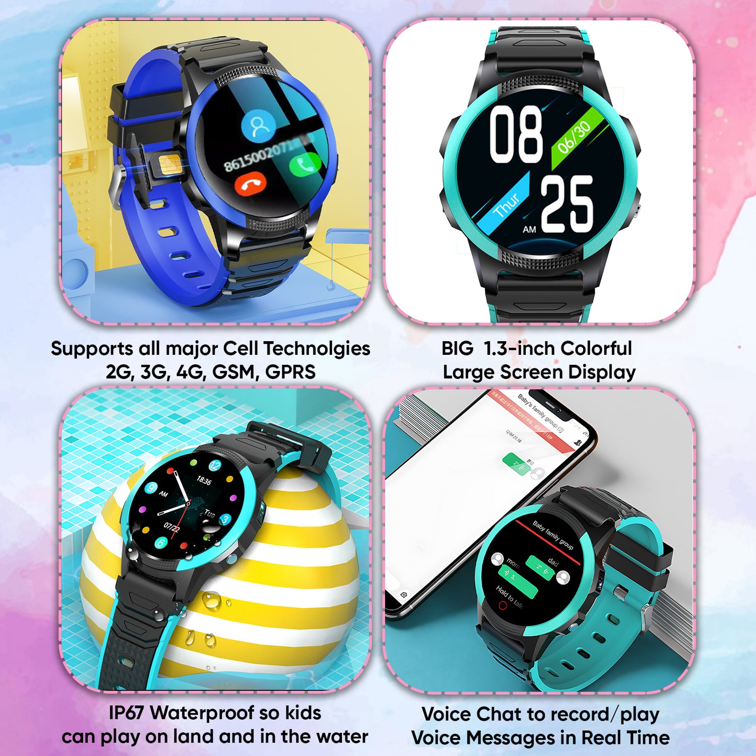 Four different colored smart watches for kids up to 12 years old, equipped with GPS tracker and SOS button