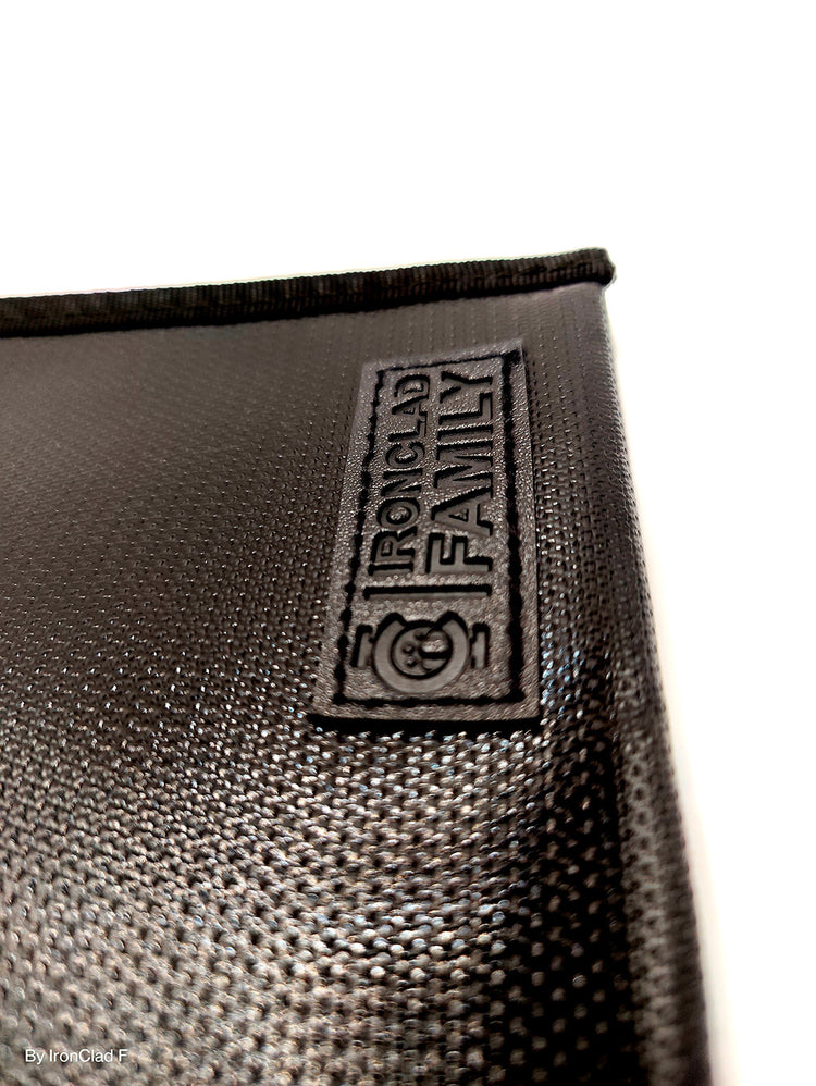 Close-up of the logo on the black fireproof bag
