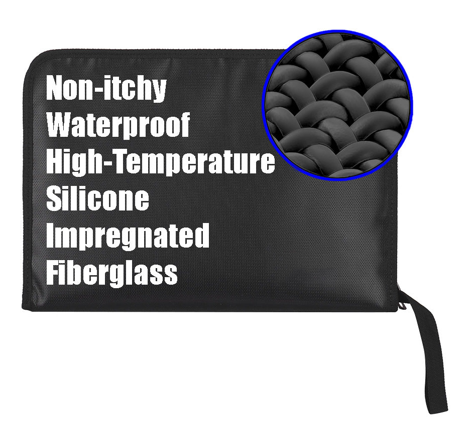 Detail view of the black Fireproof Expanding File Folder Document Organizer highlighting its waterproof and high-temperature resistant features
