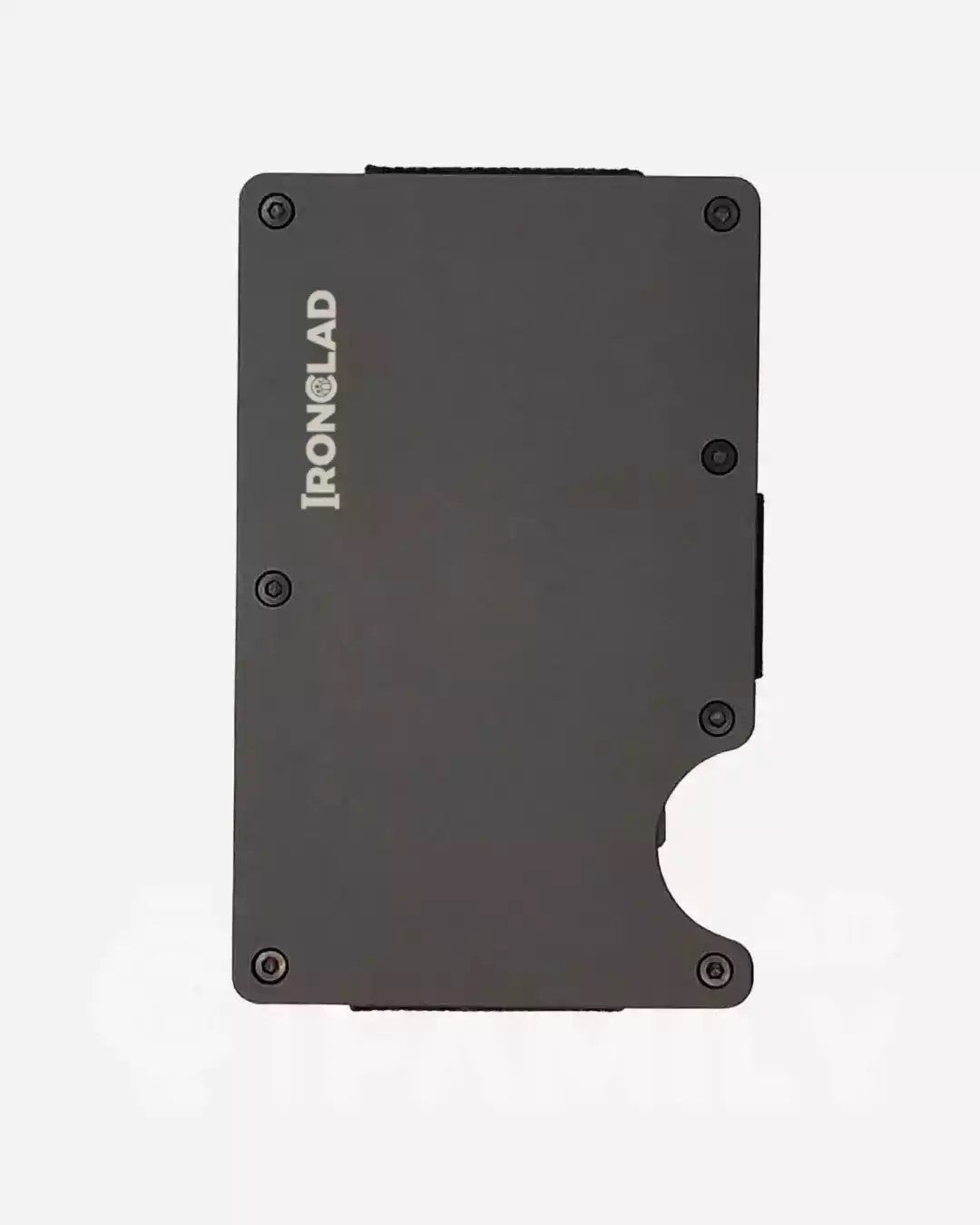 Black matte metal RFID blocking wallet with Ironland branding