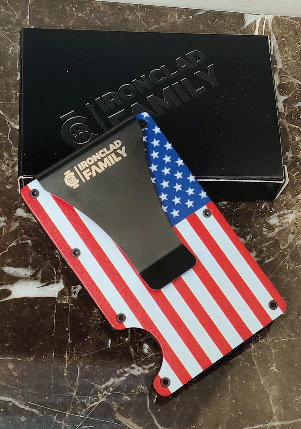 Packaged American flag design credit card holder with RFID blocking capability