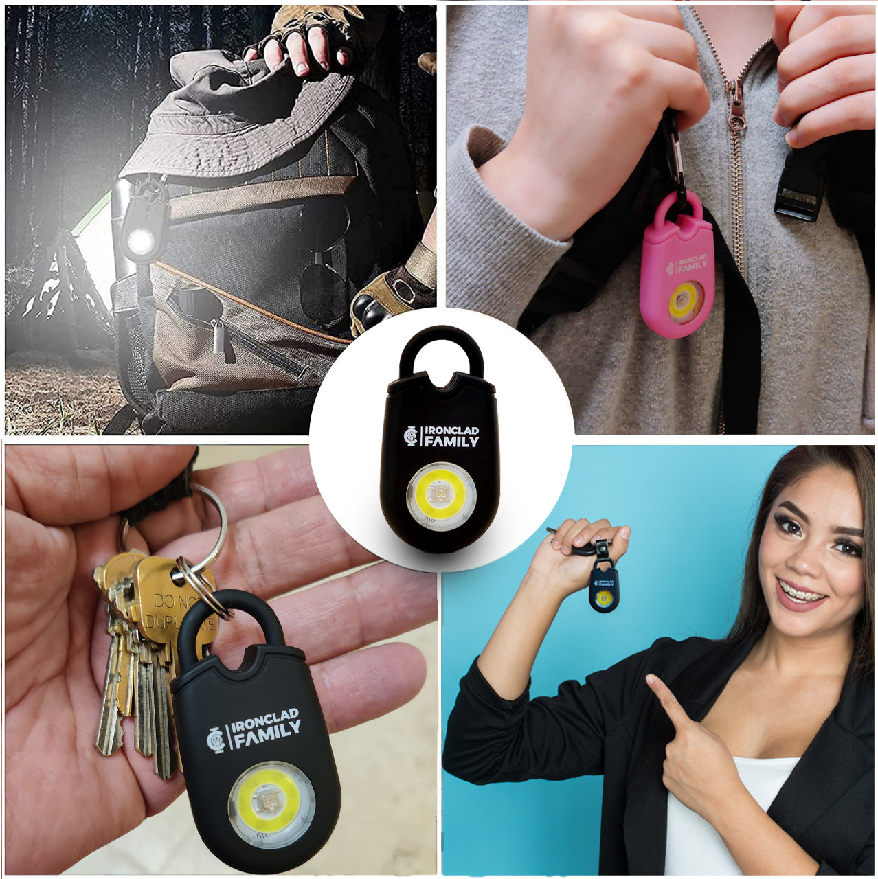 Collection of images showcasing different views of the personal alarm sound pendant keychain