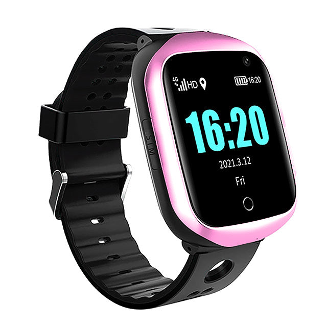 Pink colored GPS smart watch with a black band