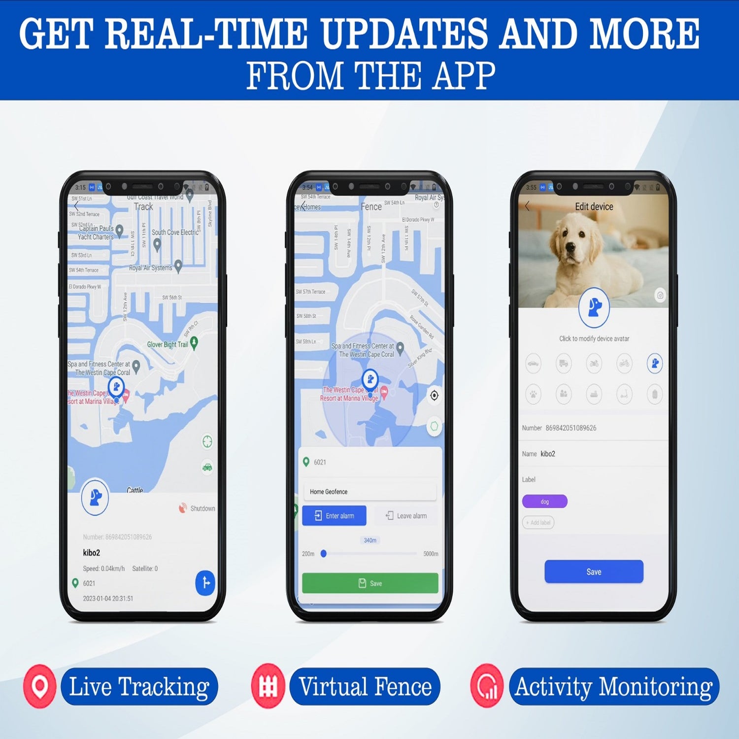 App interface displaying real-time pet location updates