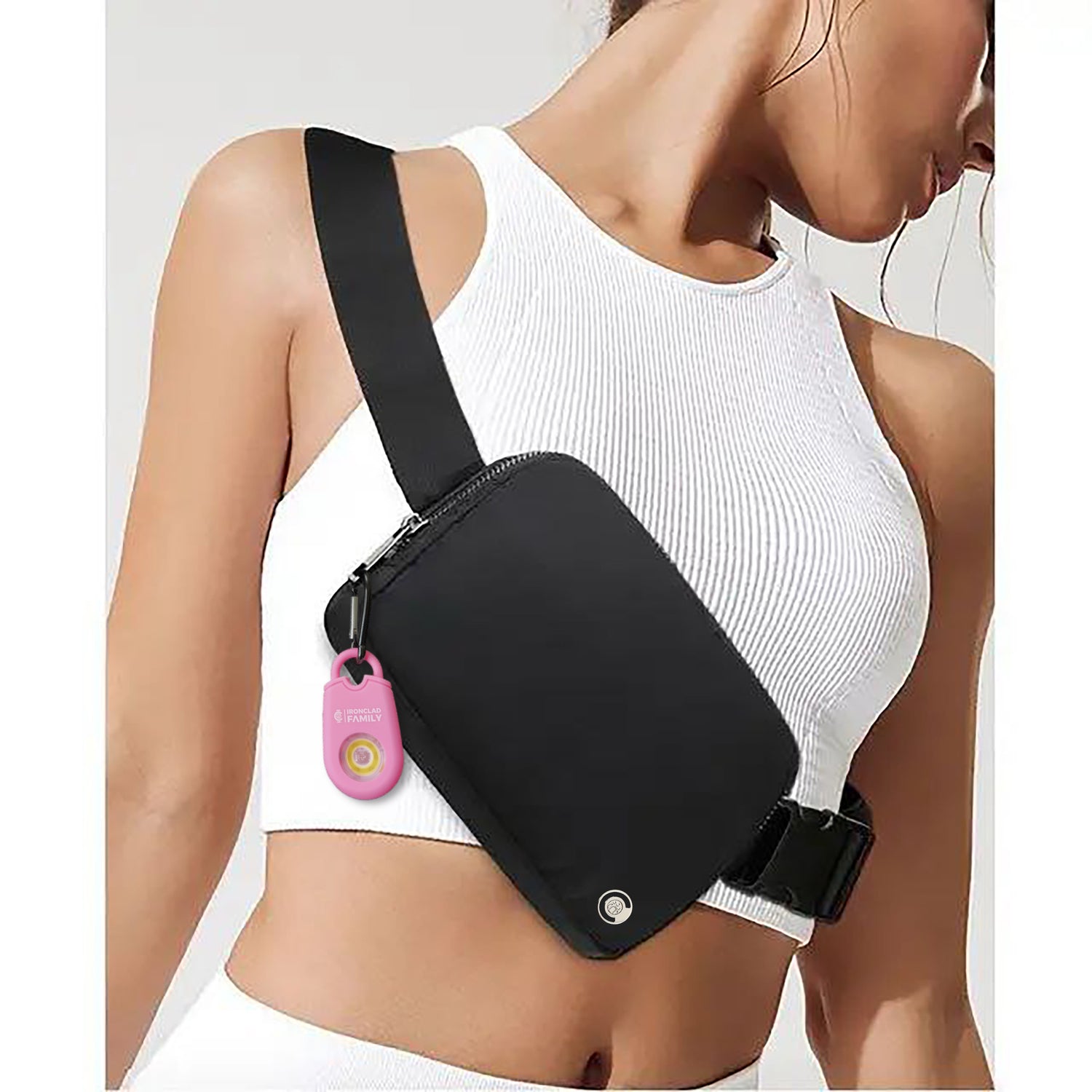 Personal alarm waist bag with a pink keychain