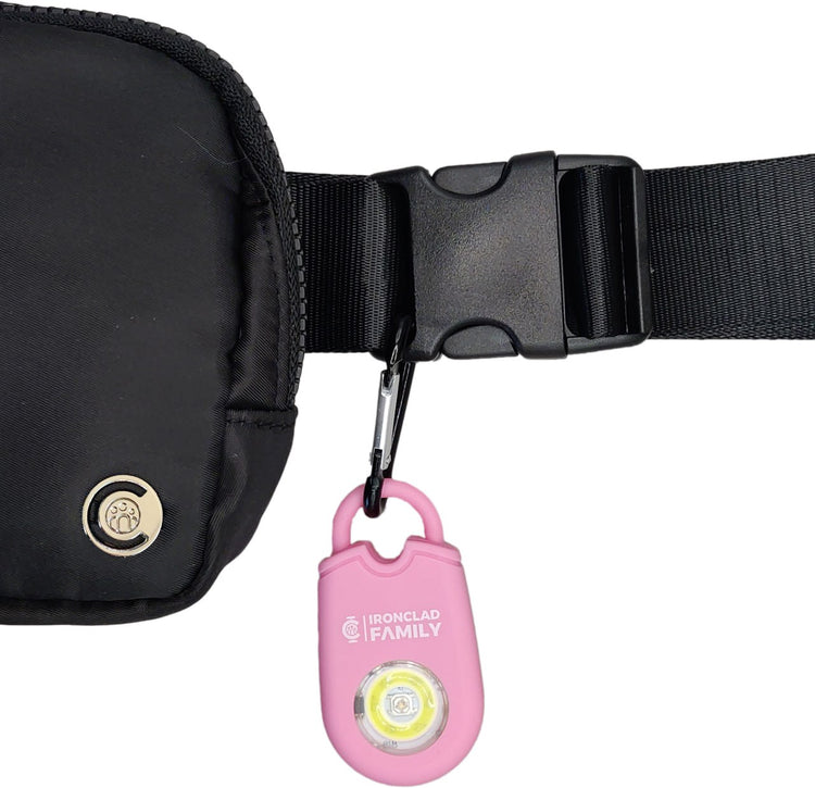 Personal alarm fanny pack with a pink personal alarm