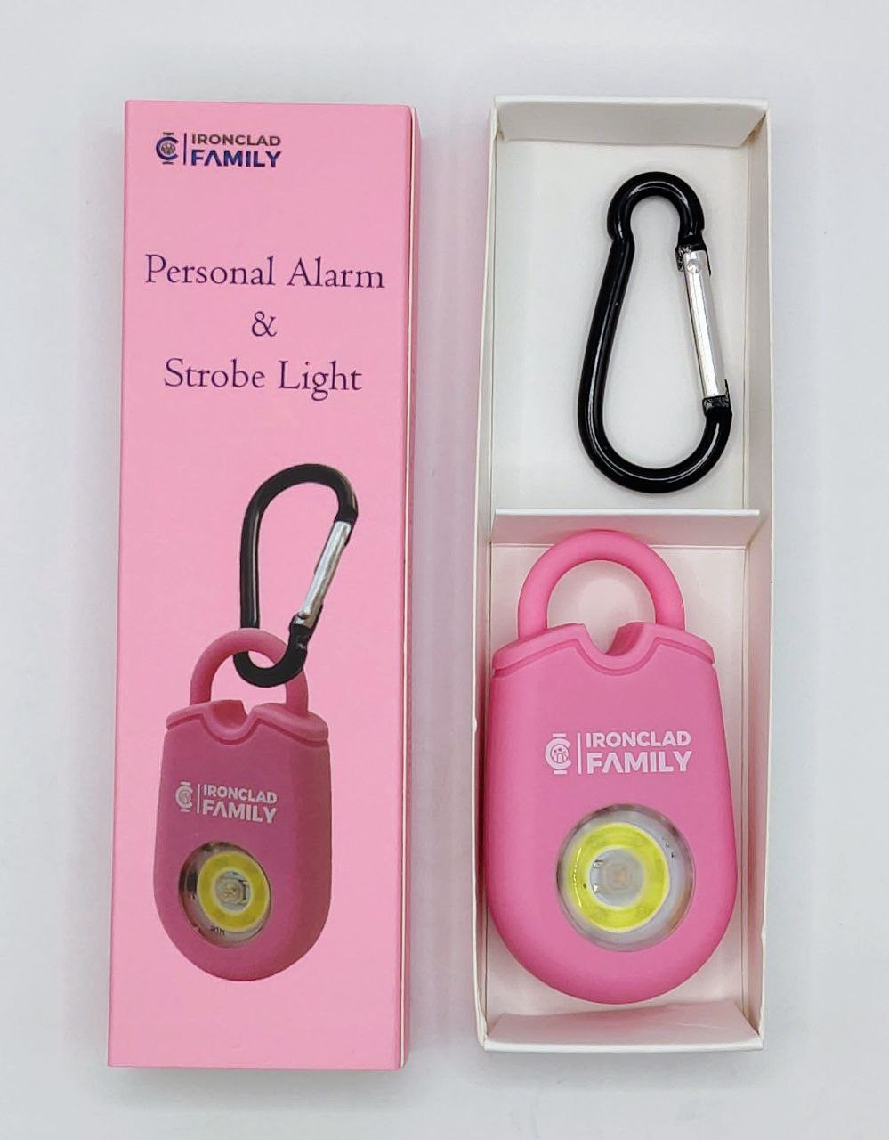 Packaged pink Personal Alarm Sound Pendant Keychain with strobe light