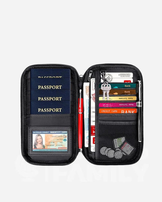 RFID blocking, fireproof and water-resistant passport holder with a passport and other items inside