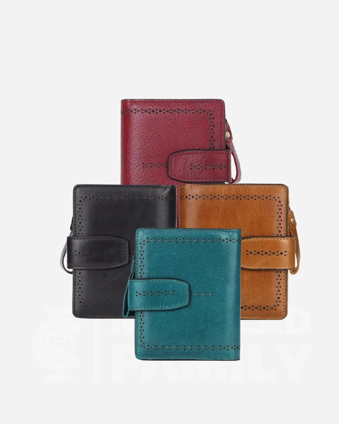 Display of four RFID blocking leather wallets in various colors with zippers