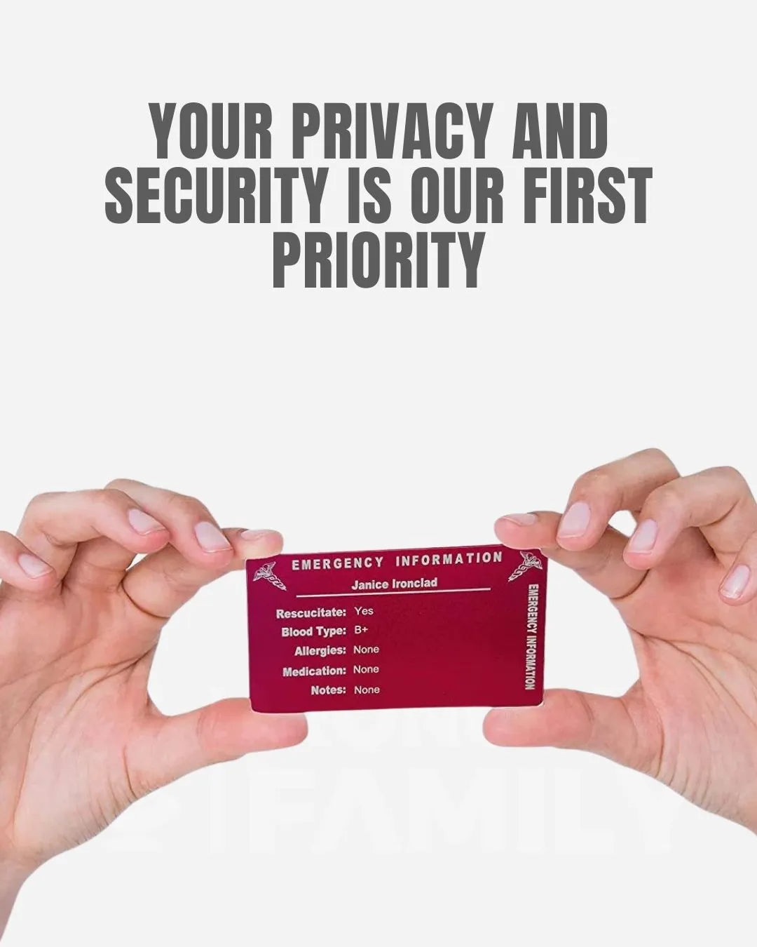 Person showcasing a red emergency wallet card emphasizing privacy and security