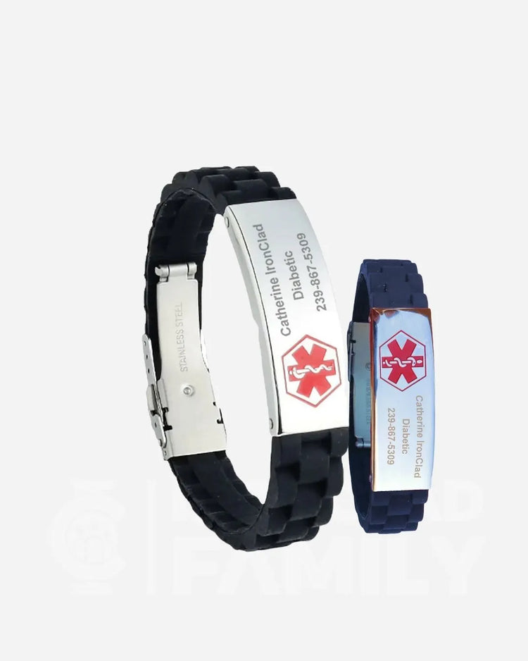 Two personalized medical ID bracelets displaying an emergency symbol