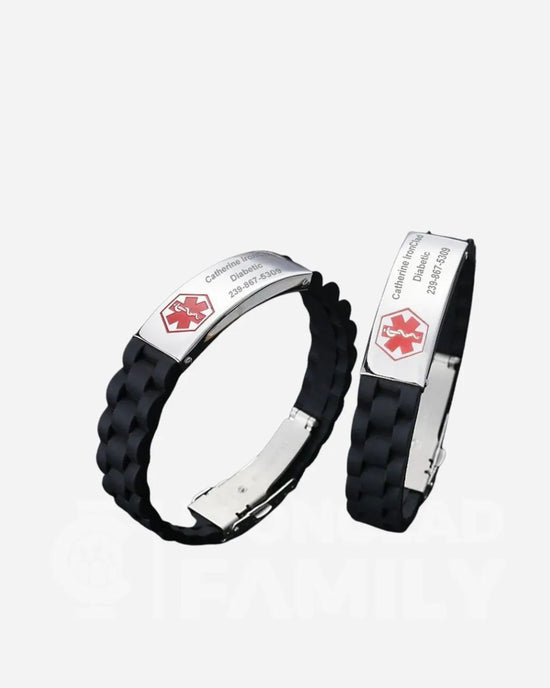 Pair of personalized medical ID bracelets with engraved medical symbols