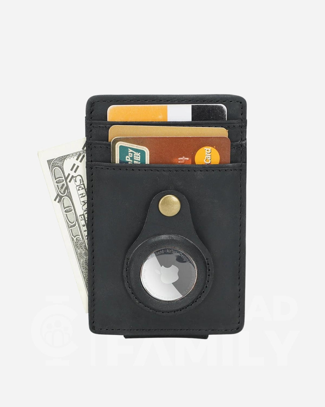 RFID blocking cowhide leather wallet in black with AirTag insert and money clip
