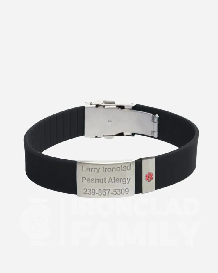 Black silicone medical alert bracelet with a silver identification tag