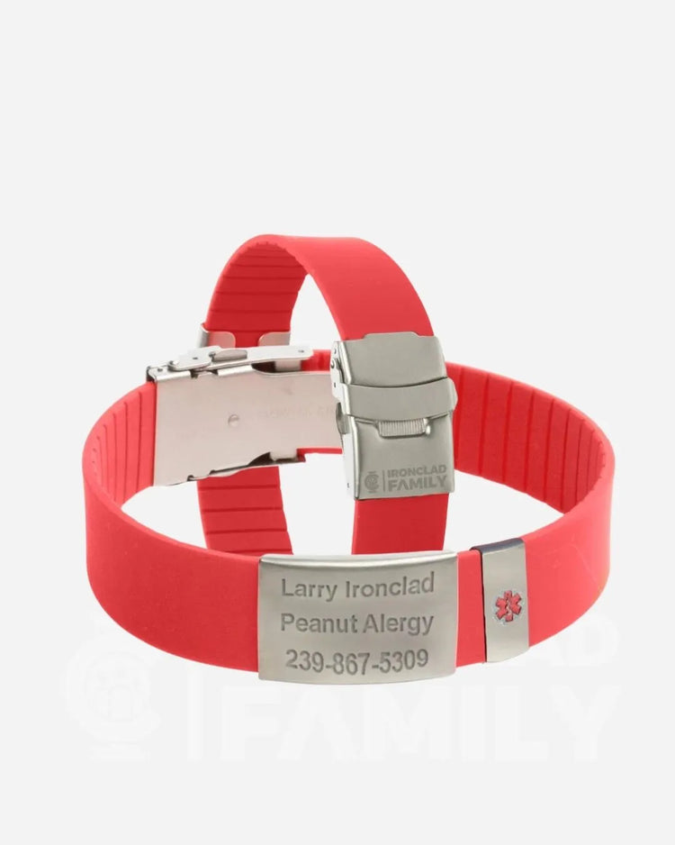 Red silicone medical alert bracelet with a silver clasp
