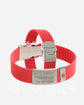Red silicone medical alert bracelet with a silver clasp