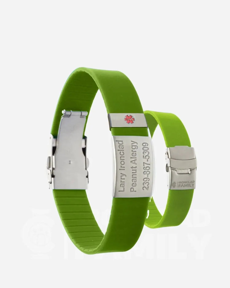 Pair of green silicone hospital wristbands with silver fastening