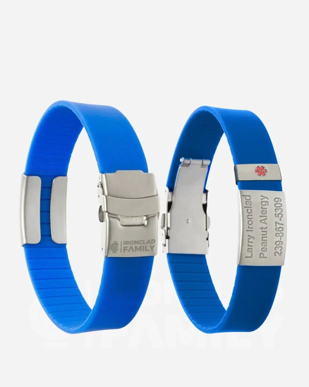 Pair of blue silicone hospital wristbands with silver fastening