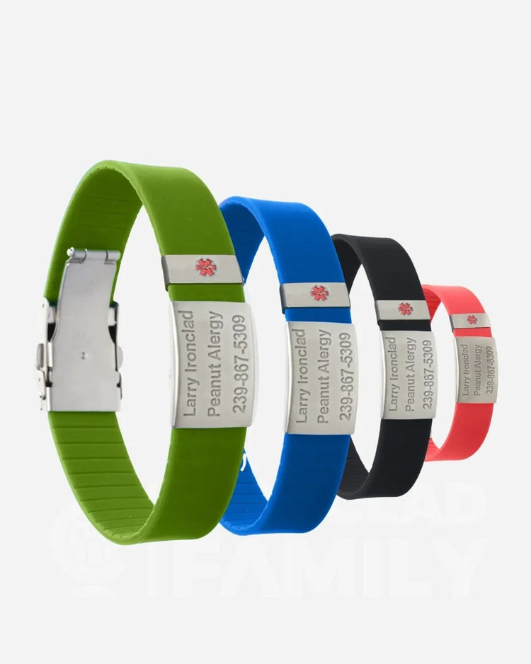 Trio of multicolored medical alert bracelets inscribed with the word "family"