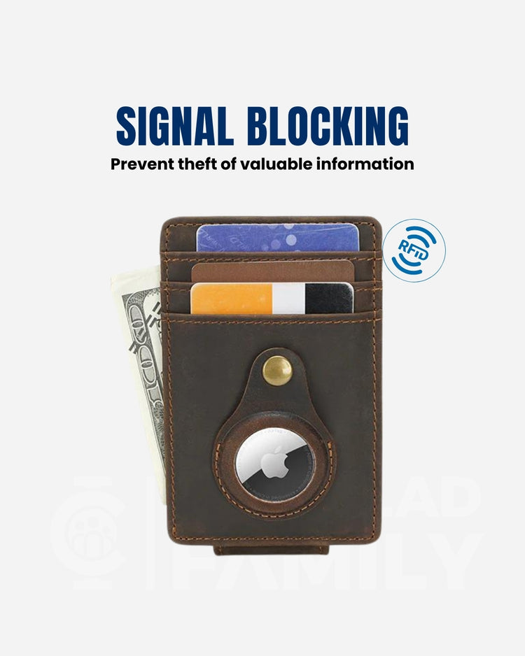 RFID signal blocking cowhide leather wallet with AirTag insert