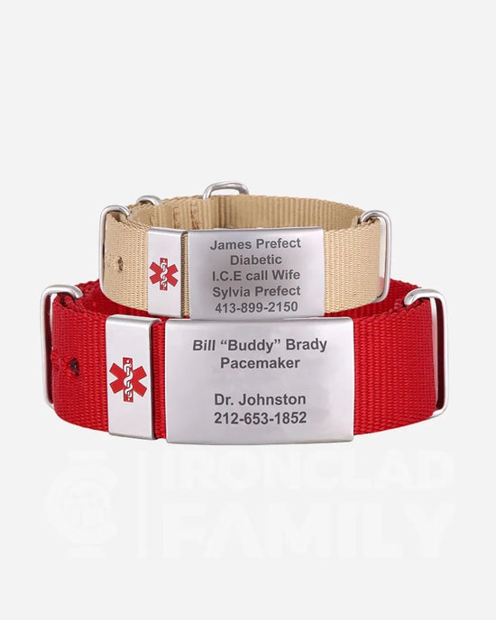 Two medical ID tags on a personalized fabric and stainless steel bracelet