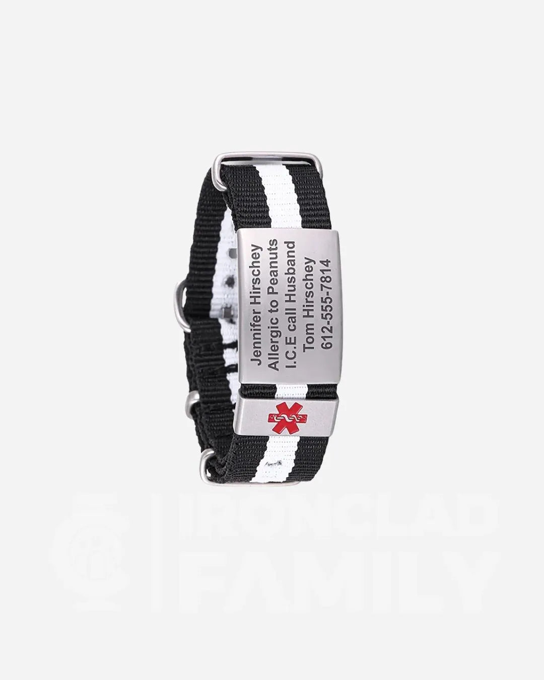 Black and white medical ID bracelet with a red cross, made from fabric and stainless steel