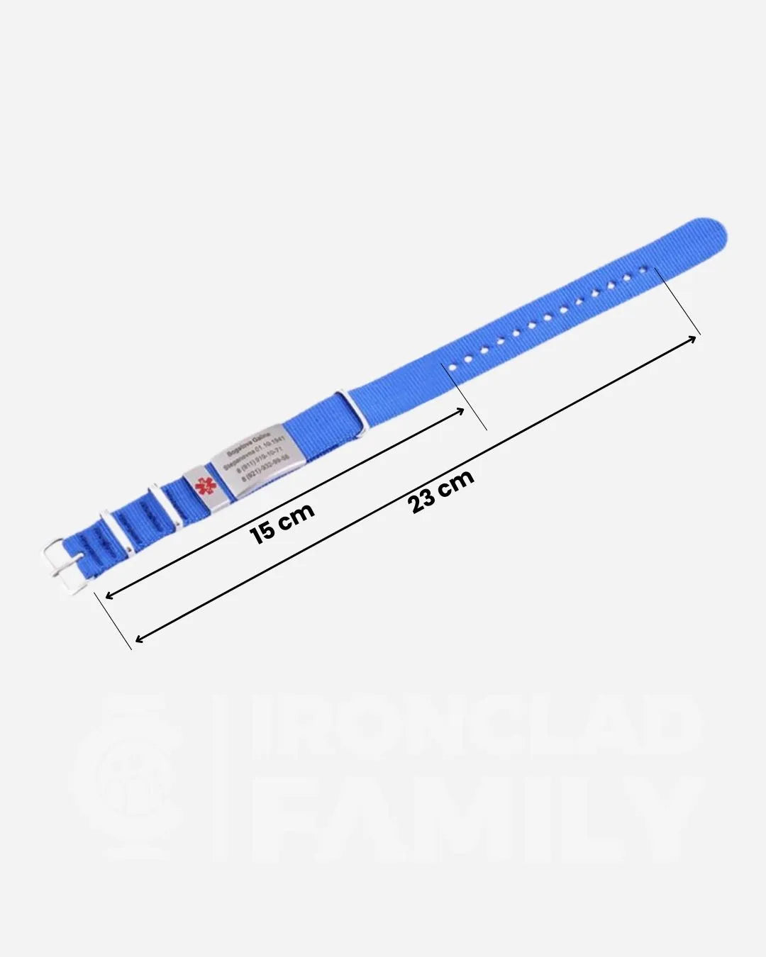 Blue fabric medical ID bracelet with sizing measurements indicated