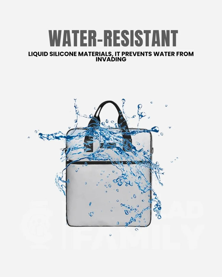 Water-resistant laptop bag being splashed with water