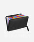 Black leather exterior of the Fireproof Expanding File Folder Document Organizer filled with colorful papers