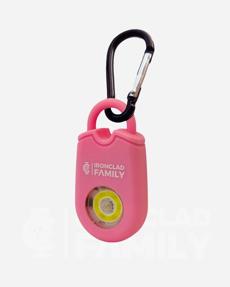 Pink Personal Alarm Sound Pendant Keychain with attached carabiner