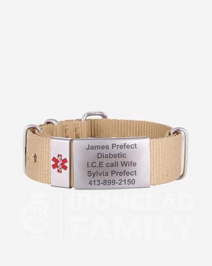 Tan fabric medical ID bracelet with engraved medical identification tag