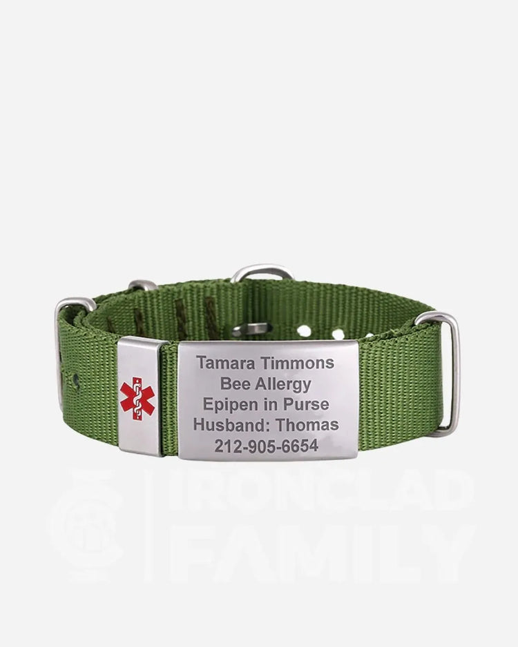 Military style fabric medical ID bracelet with an army green stainless steel tag