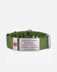 Military style fabric medical ID bracelet with an army green stainless steel tag