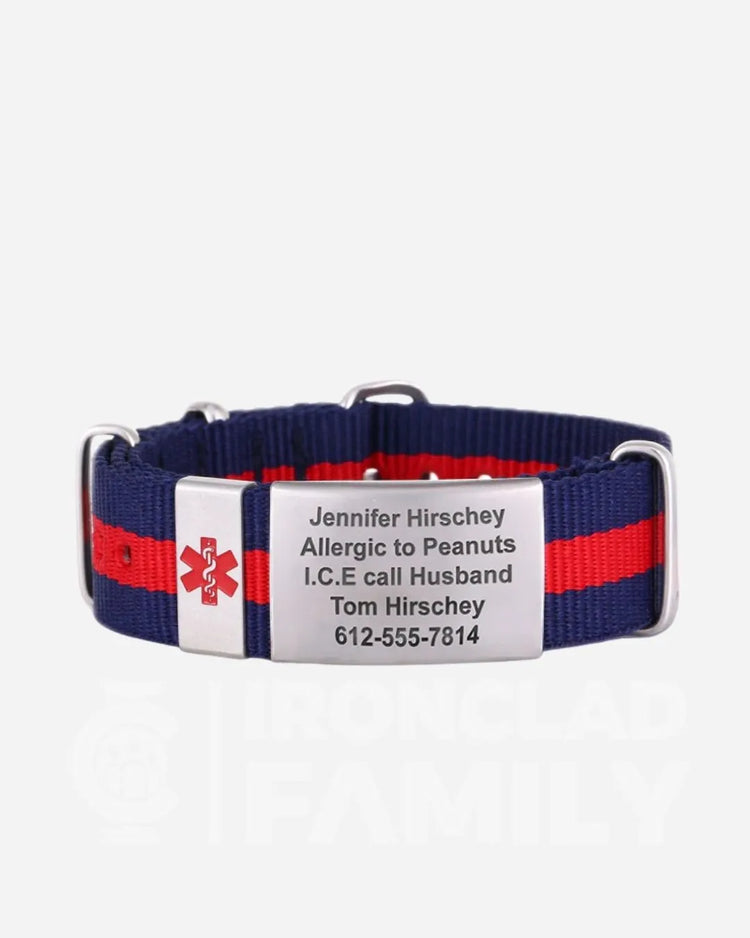 Fabric medical ID bracelet with personalized engraved tag