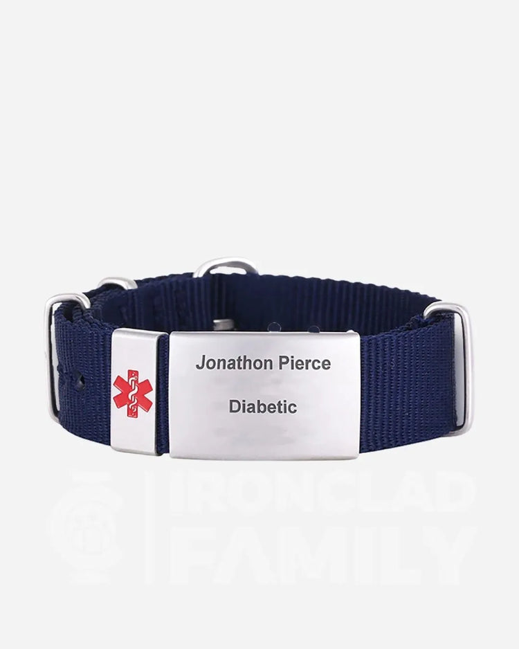 Navy blue fabric medical ID bracelet with engraved stainless steel tag