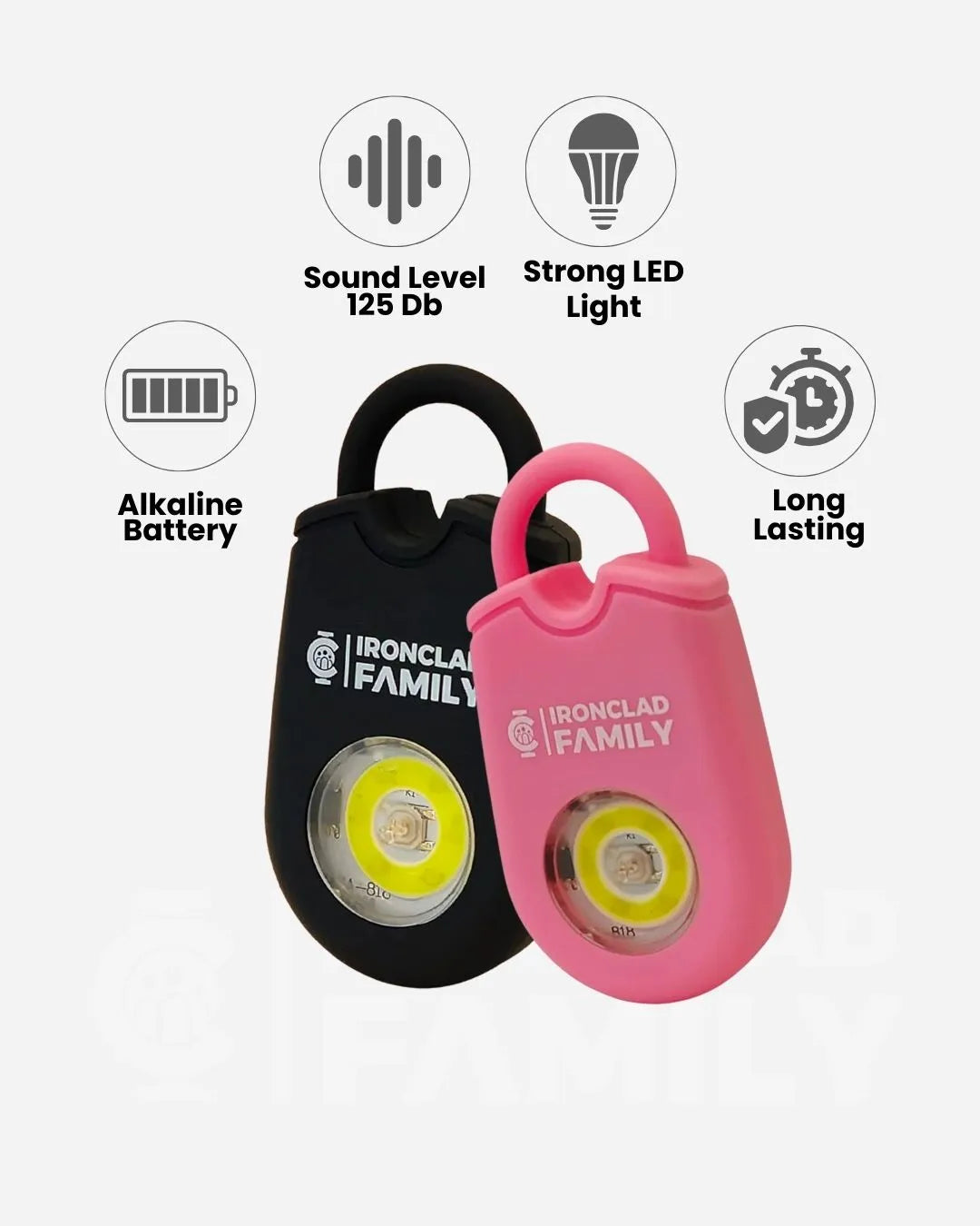 Pink and black Personal Alarm Sound Pendant Keychain with flashlight