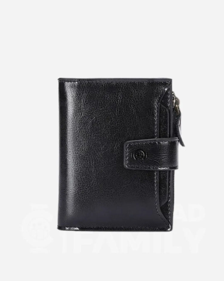 RFID Shielded Black Leather Compact Wallet with zipper