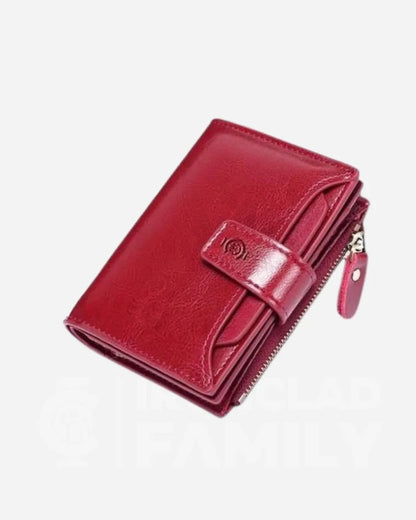 RFID Shielded Red Leather Compact Wallet with zipper