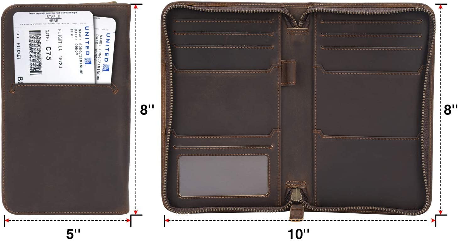 Brown leather passport holder with a passport and boarding pass