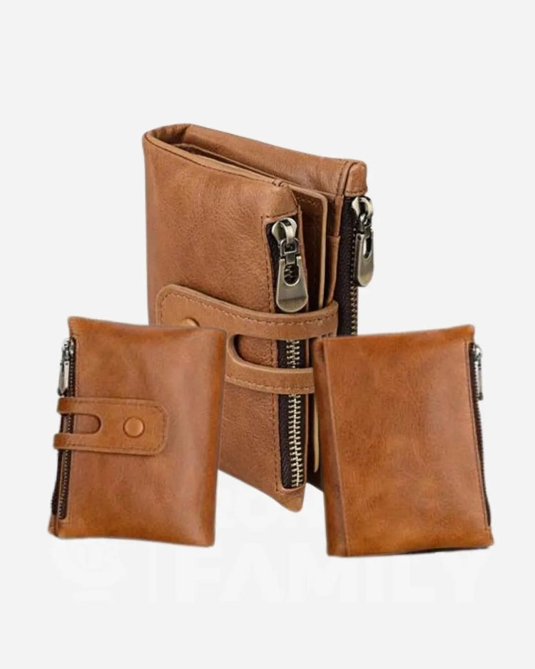 Trio of brown RFID shielded leather bifold zipper wallets
