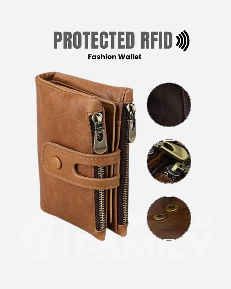 RFID shielded leather bifold zipper wallet with embossed protection label